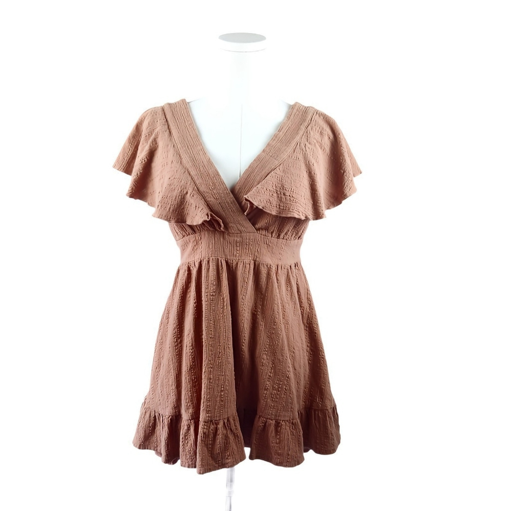 Showpo Chocolate Brown Flutter Sleeve Tie Back Fit & Flare Mini Dress US 6 AU 10